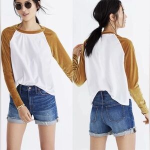 Madewell White and Gold Long Sleeve Baseball Style Velour Top Medium